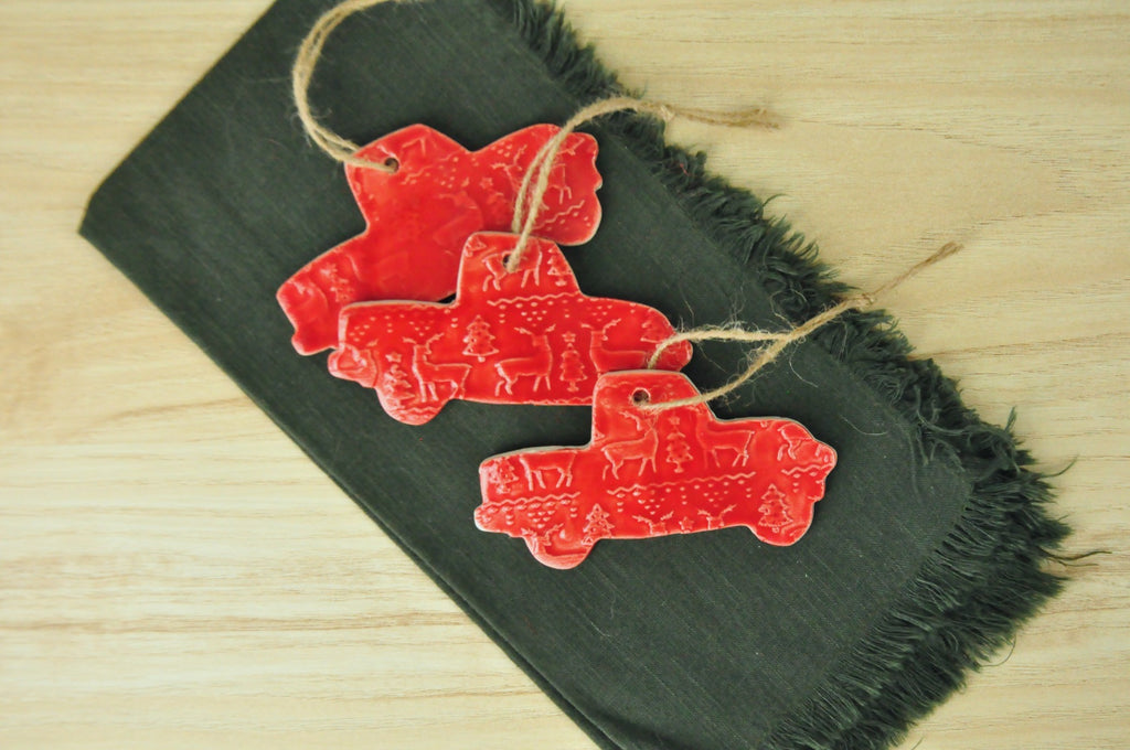 Red Truck Ornament with Sweater Pattern - Nostalgia, Country, Rustic Christmas Ornament