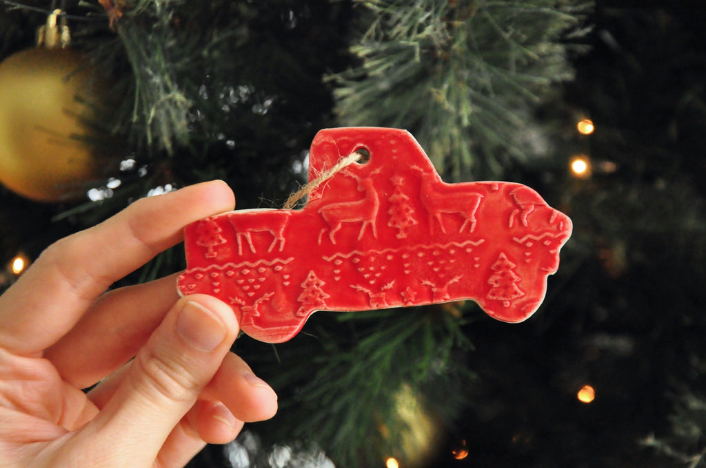 Red Truck Ornament with Sweater Pattern - Nostalgia, Country, Rustic Christmas Ornament