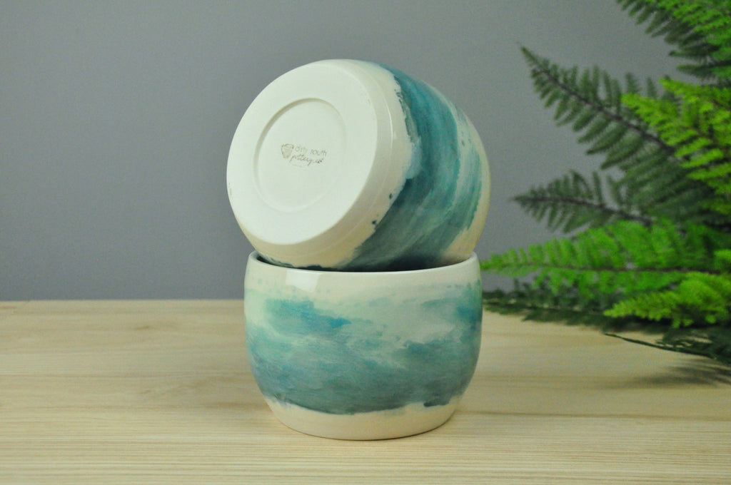 Watercolor Bowl - Handmade pottery painted with coastal blues to create a unique piece every time. Made in Kentucky