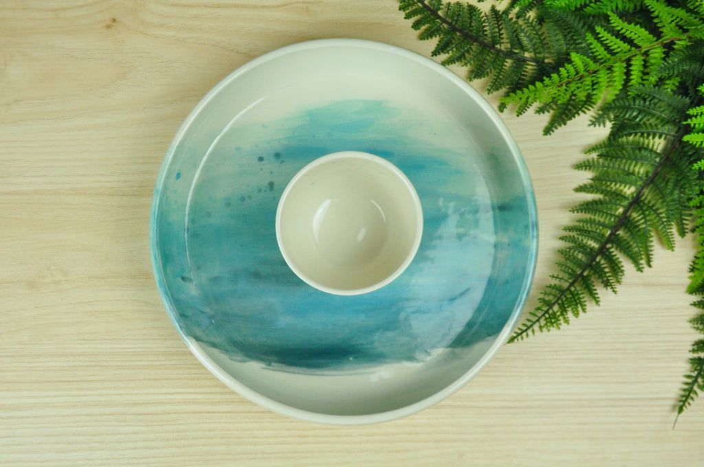 Chip & Dip Serving Set in Watercolor Collection - Handmade pottery painted with coastal blues. Made in Winchester, KY