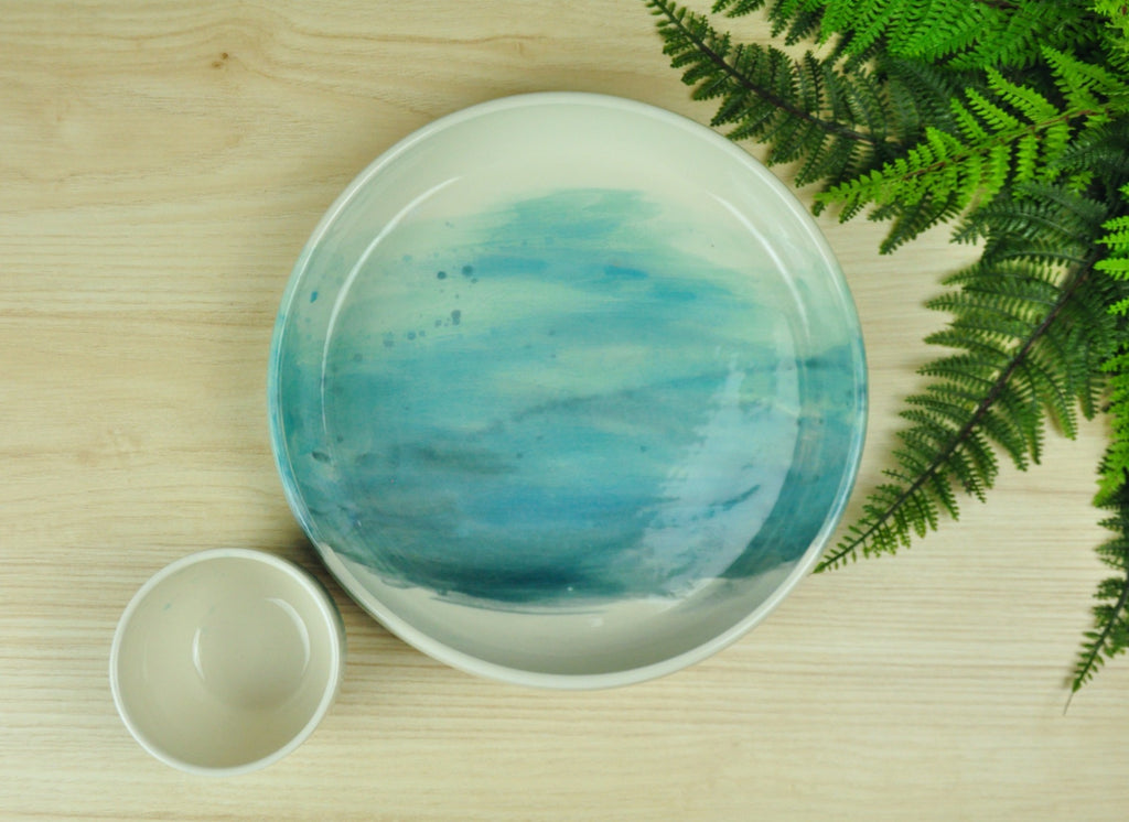 Chip & Dip Serving Set in Watercolor Collection - Handmade pottery painted with coastal blues. Made in Winchester, KY
