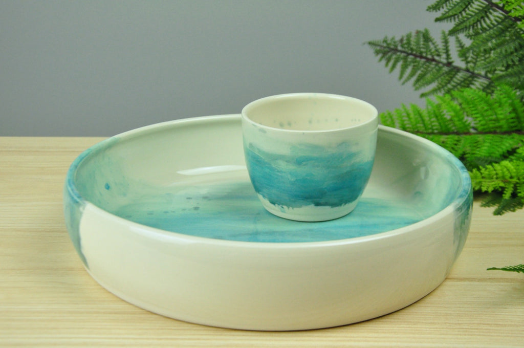 Chip & Dip Serving Set in Watercolor Collection - Handmade pottery painted with coastal blues. Made in Winchester, KY