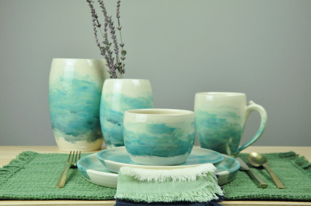 Table setting in WaterColor Collection - Coastal Seaside Blues are painted on these handmade plates. Made in Winchester, KY