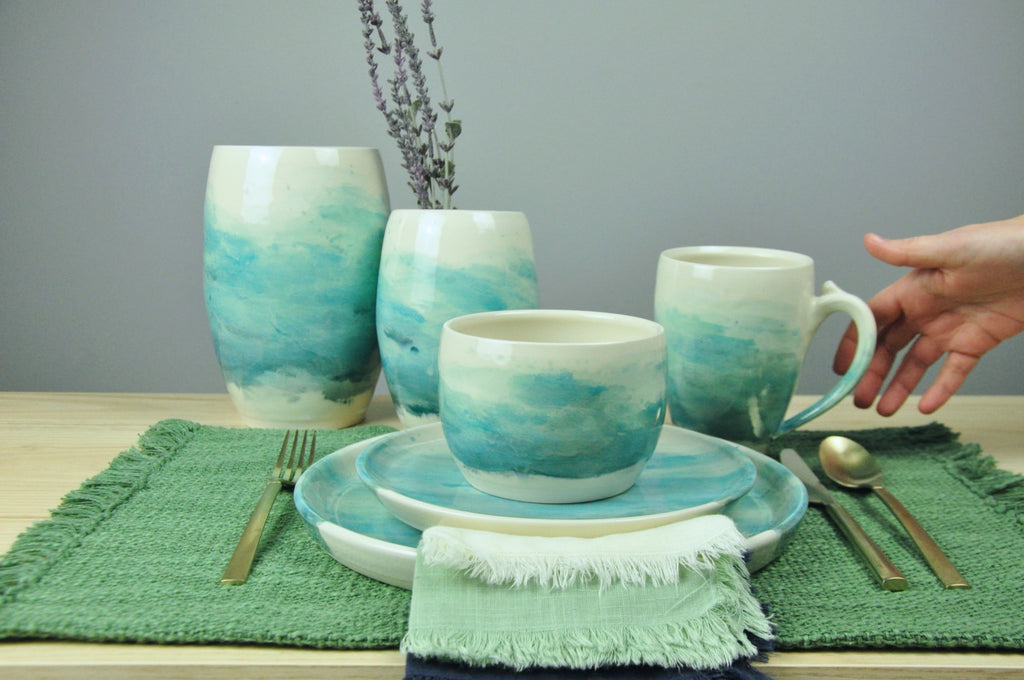 Watercolor Tablescape - Handmade pottery painted with coastal blues to create a unique piece every time. Made in Kentucky