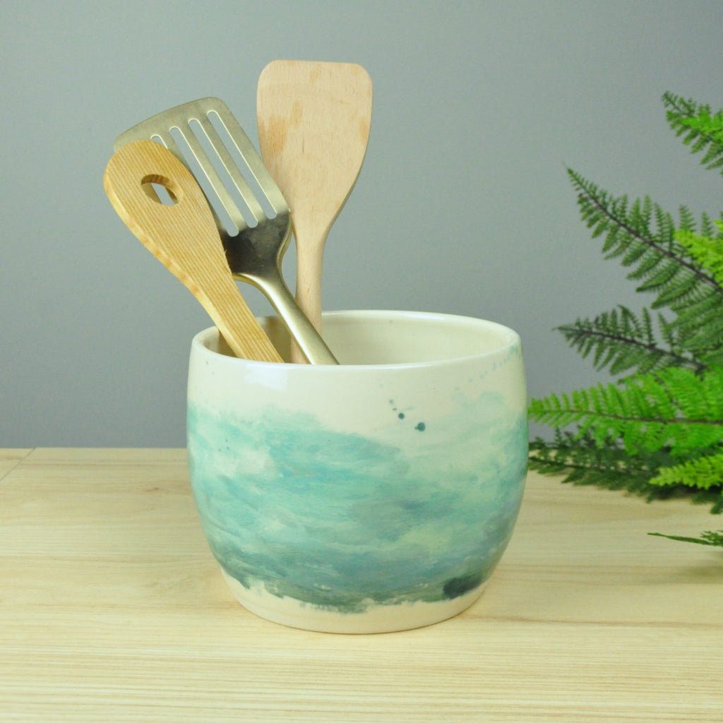 Utensil Crock in Watercolor Collection - Seaside Blue Ombre give a coastal look on this handmade pottery.