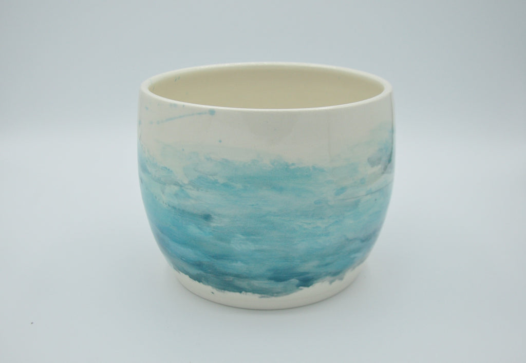 Utensil Crock in Watercolor Collection - Seaside Blue Ombre give a coastal look on this handmade pottery.