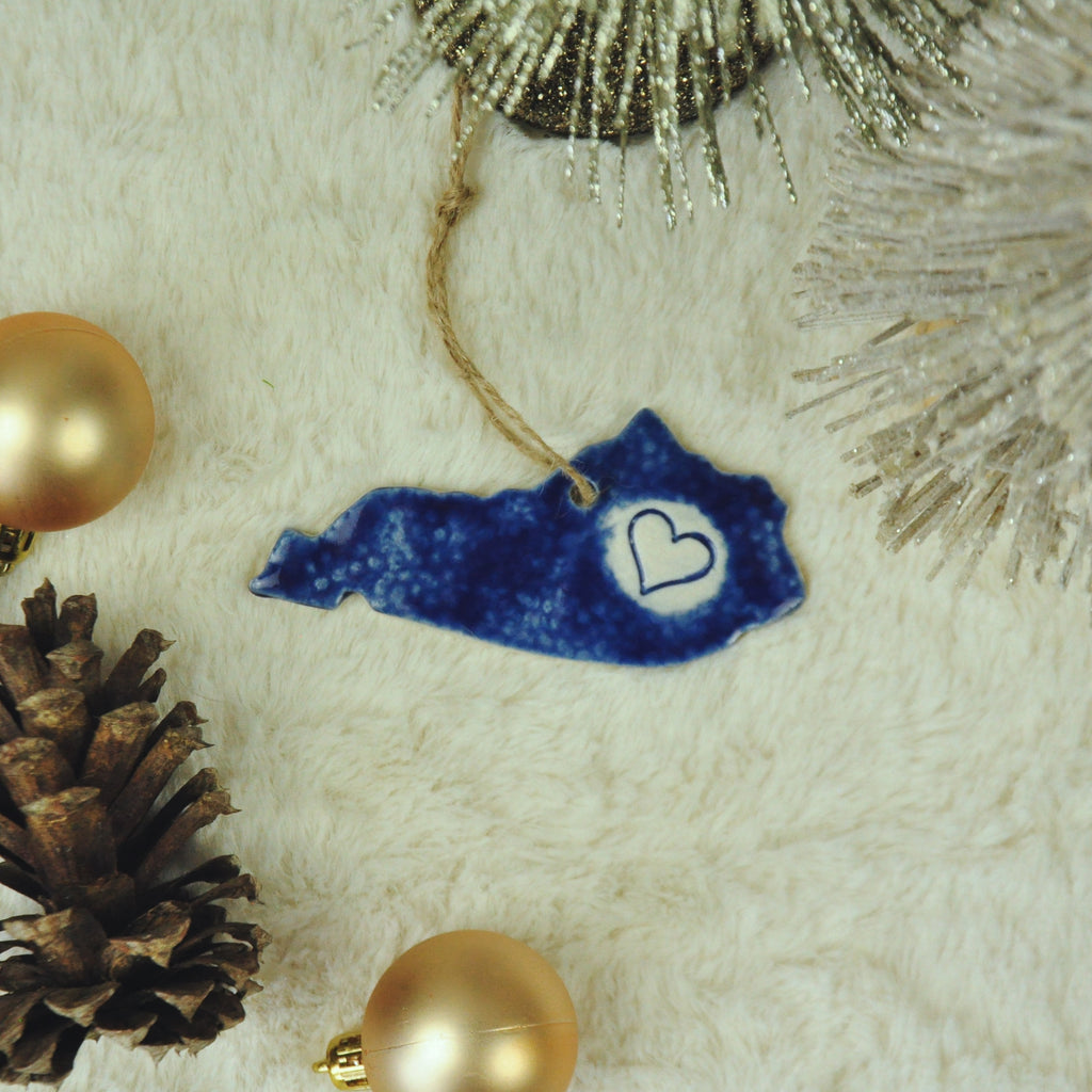 Kentucky Shaped blue ornament with a heart - Bring Kentucky home for the holidays