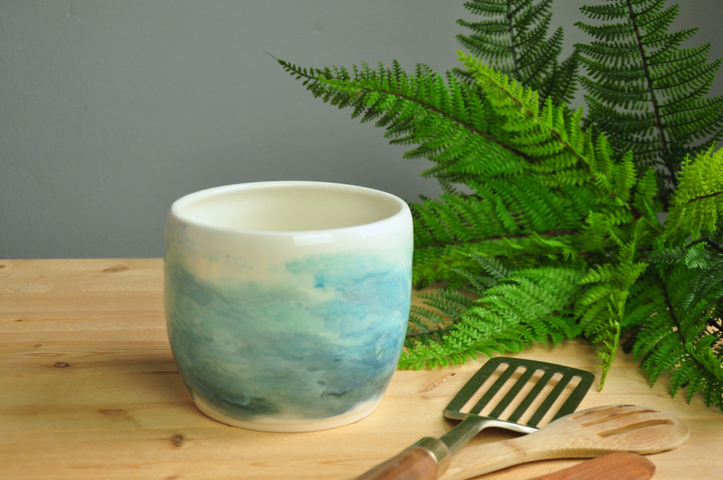 Utensil Crock in Watercolor Collection - Seaside Blue Ombre give a coastal look on this handmade pottery.